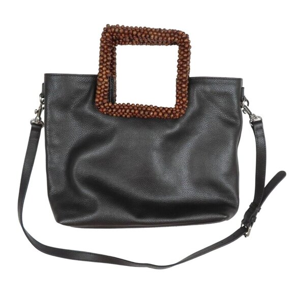 J. Jill Handbags - J Jill Black Pebbled Leather Brown Wood Beaded Bead Square Handle Handbag Purse